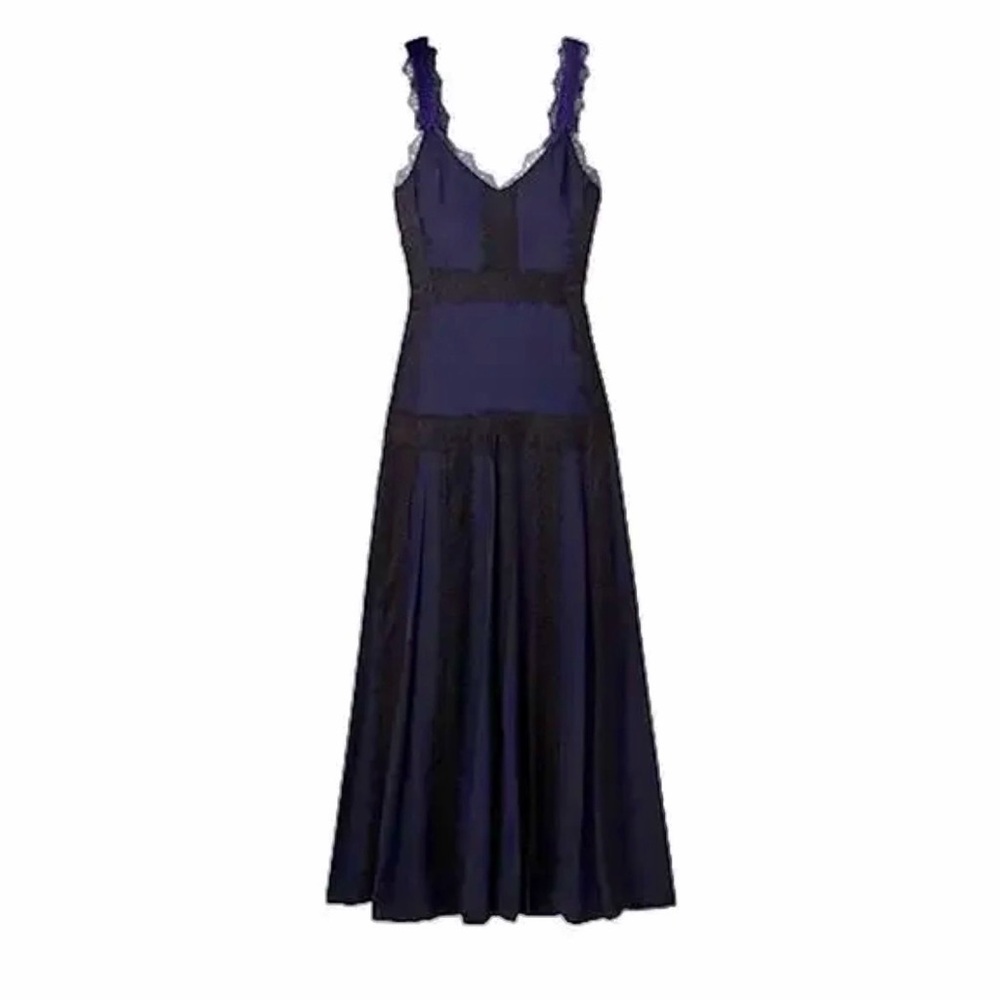 LA LIGNE Women’s Size 2 Navy Blue 100%‎ Silk Maxi Dress Black Lace Trim Coquette